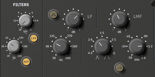 A detail of the 965A: two light grey filter knobs with their LPF and HPF buttons, then the dark grey knobs of the LF and LMF bands with their printed scales.