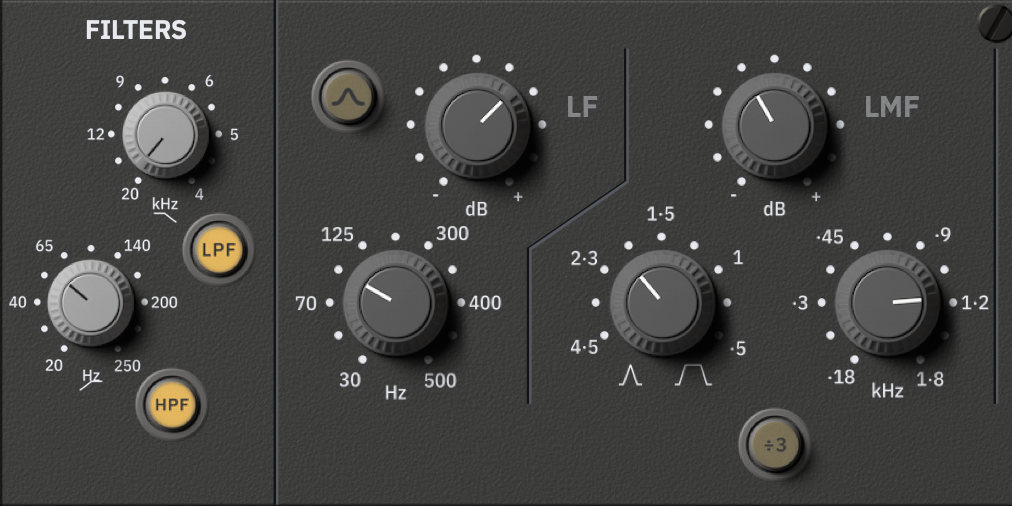 A detail of the 965A: two light grey filter knobs with their LPF and HPF buttons, then the dark grey knobs of the LF and LMF bands with their printed scales.