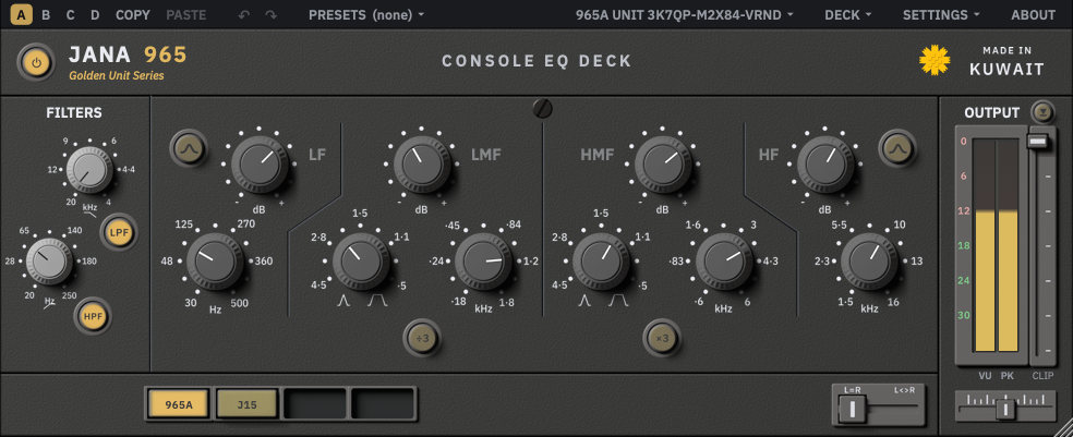 The Jana 965 plugin panel with the 965A card: light grey filter knobs on the left, four bands of dark grey knobs with printed scales, the output meter lit, and the deck row with the 965A seat lit.