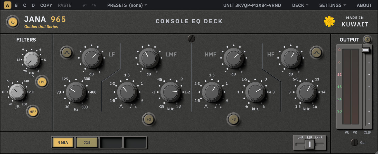 The Jana 965 with the 965A card: light grey filter knobs, four bands of dark grey knobs with printed scales, the output meter, and the deck row with the 965A seat lit.