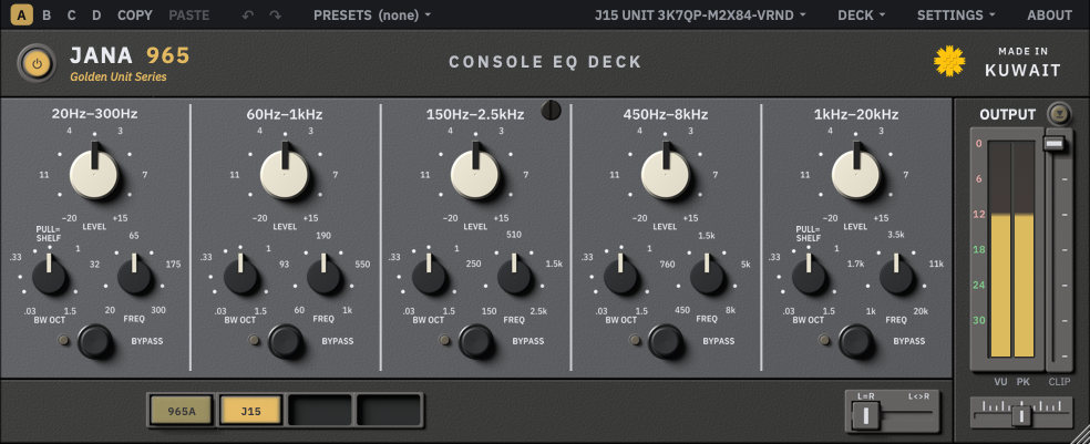 The Jana 965 plugin panel with the J15 card: five bands on a grey plate, each with a large cream LEVEL knob and small black BW and FREQ knobs, the output meter lit, and the deck row beneath.