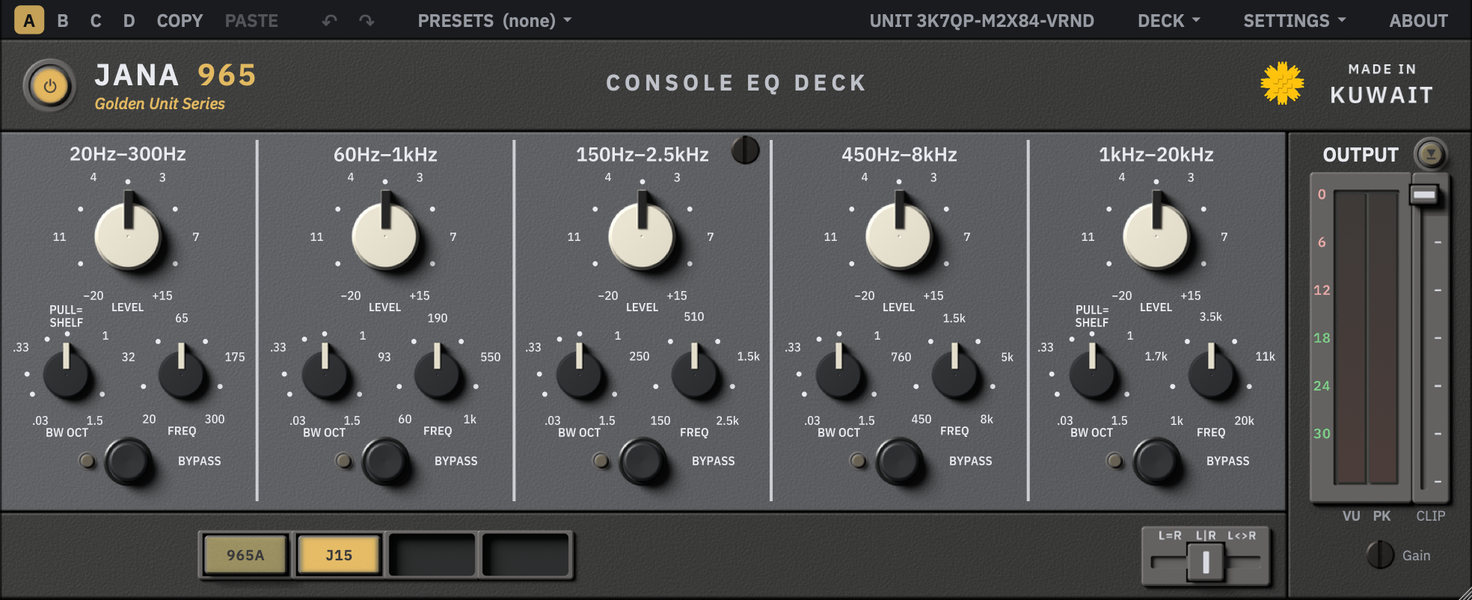 The Jana 965 with the J15 card: five bands on a grey plate, each with a large cream level knob and small black frequency and bandwidth knobs, and the deck row beneath.